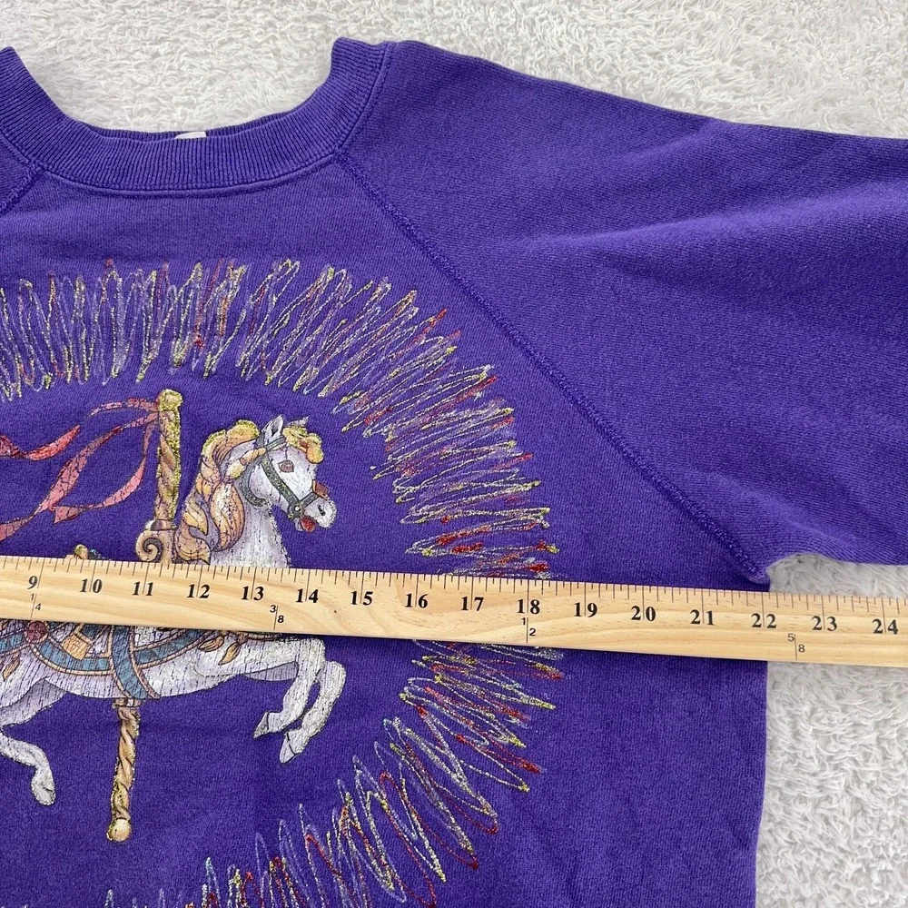 Vintage Carousel Horse Sweatshirt BOXY SHORT Medium Purple Crewneck 90s Made USA
